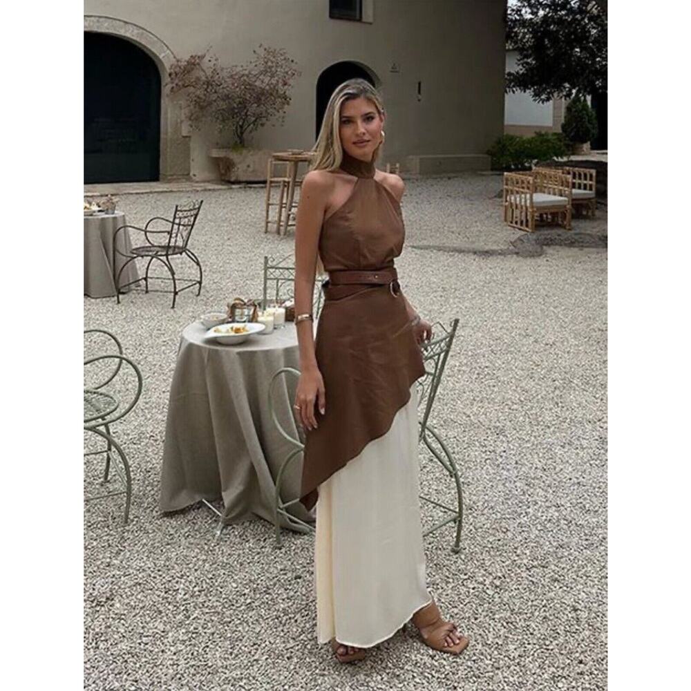 NWT IQ Collection Brown Cream Layered Halter Neck Sleeveless Dress XL
